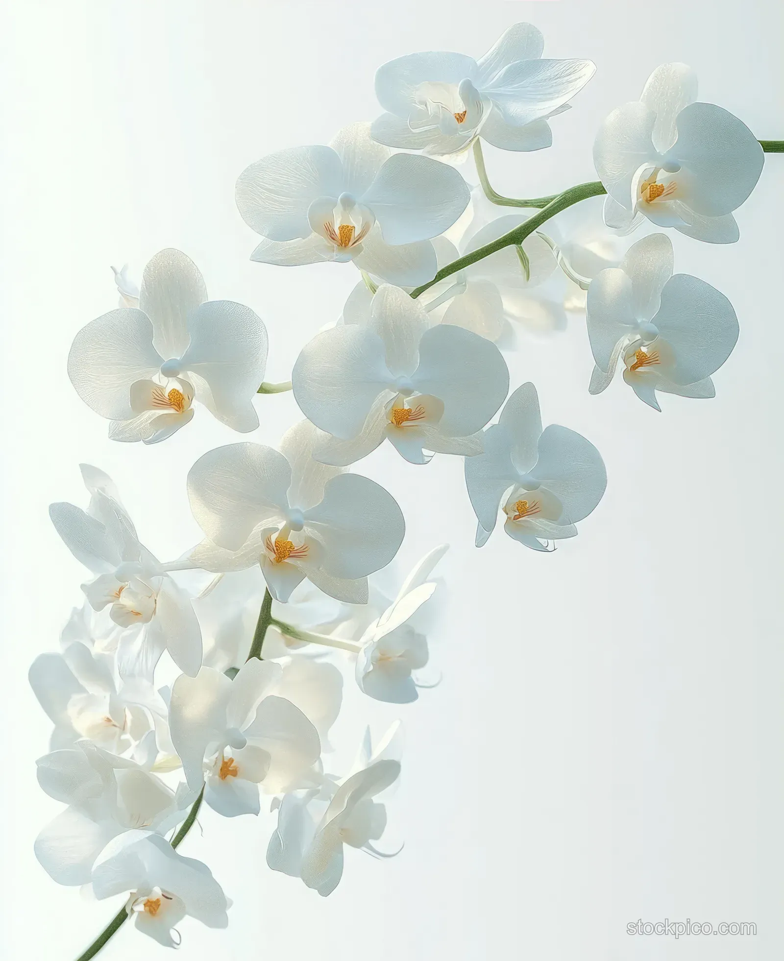 White orchid flowers with yellow orange centers on a curved green stem.