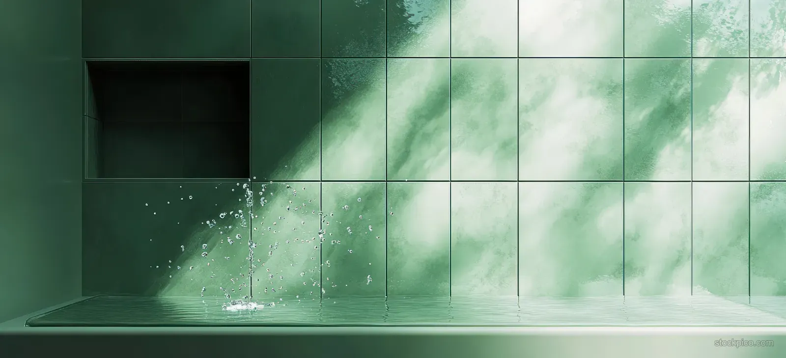 Green square bathroom tiles with water droplets, glass reflections, and a faint plant shadow across the wall.