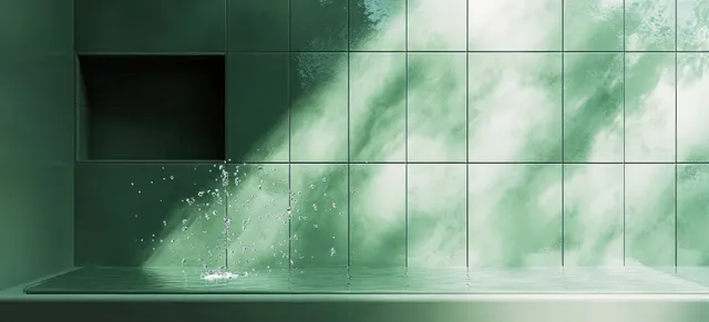 Green square bathroom tiles with water droplets, glass reflections, and a faint plant shadow across the wall.