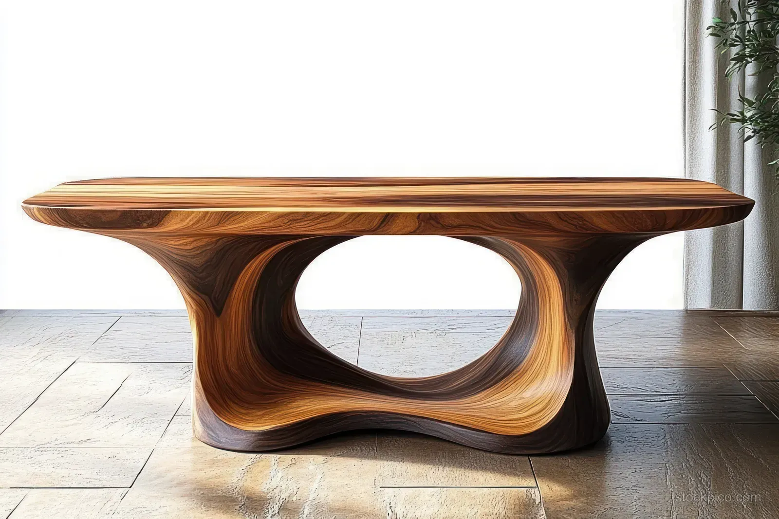 Sculptural curved wooden table with visible grain standing on tiled floor against a bright backdrop.