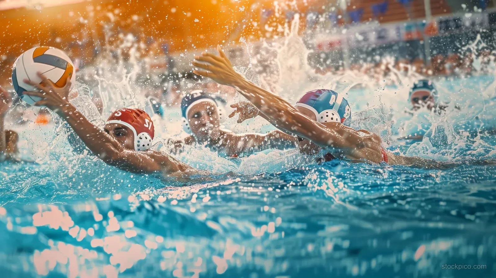 Water polo players clash for the ball as a burst of water splashes across the pool during a match.