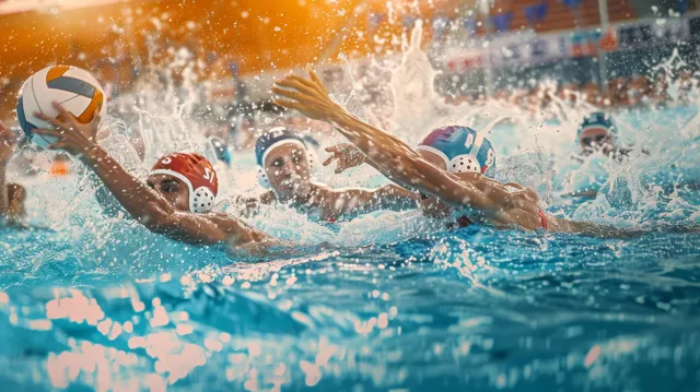 Water polo players clash for the ball as a burst of water splashes across the pool during a match.