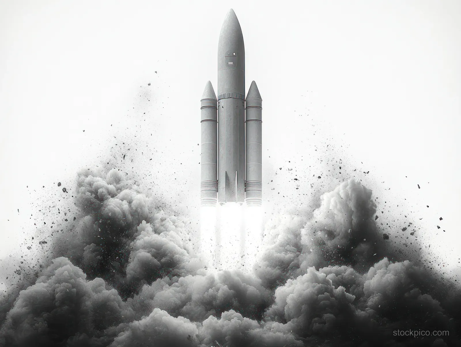 A monochrome rocket launches upward, with thick smoke clouds and scattered debris around the launch plume.