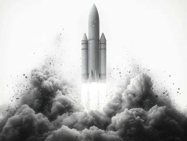Monochrome rocket blasting upward from launchpad, surrounded by thick smoke and flying debris