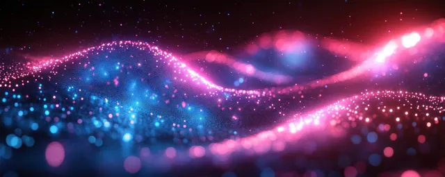 Glowing DNA-like wave ribbons and connected neural nodes flow across a dark cosmic abstract background.
