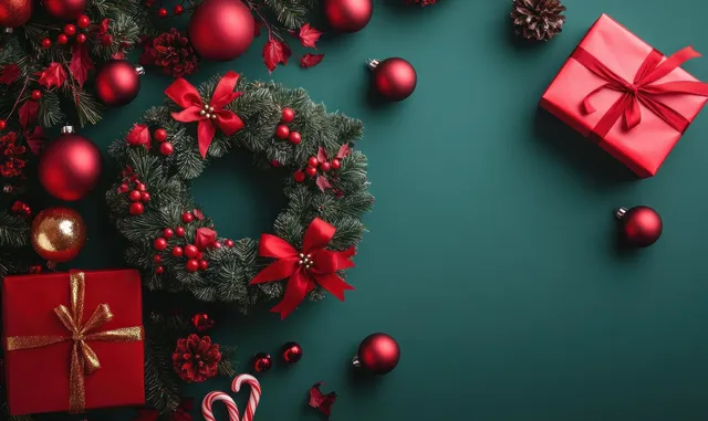 Christmas wreath with red ribbon and golden ornaments surrounded by red baubles and wrapped gifts on a teal background.