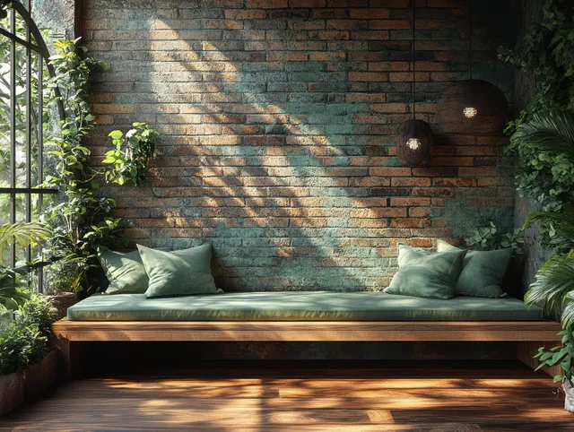 Minimalist backyard patio bench against rustic brick wall with soft sun shadows