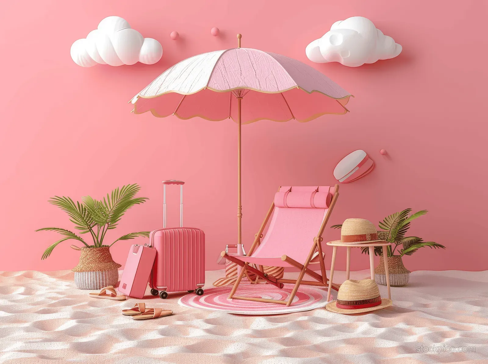 3D summer beach travel objects with umbrella, sun chair, suitcases, and sandals arranged on a pink pastel background.