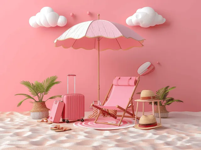 3D beach travel setup with umbrella, luggage, and sun chair on pink backdrop