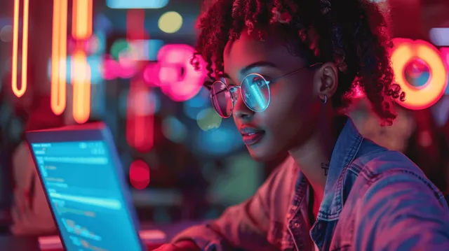 Focused black female programmer coding on a laptop inside a neon cyberpunk club