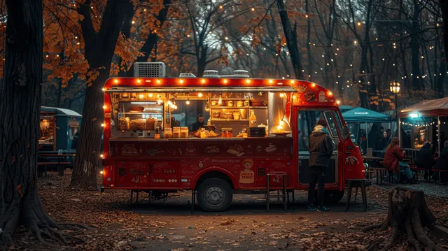 Neon food truck and coffee cart glow in an autumn city night market with warm lights and wet pavement.