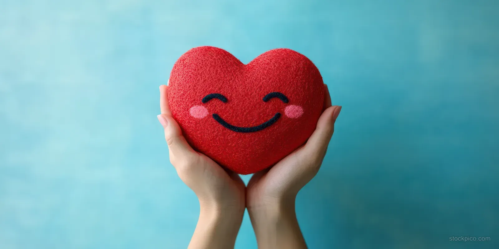 Hands hold a smiling red heart against a soft blue background.