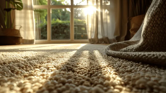 Beige shag carpet stretches across a minimal empty room floor as sunlight streams through a window.