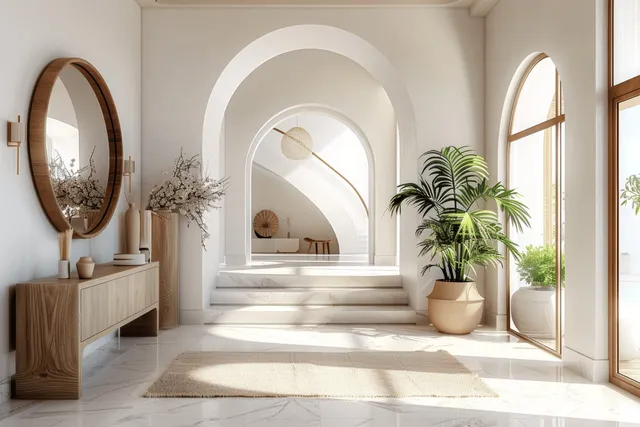 Luxury white entrance hall with arched doorway, stairs, wood console, round mirror, and large potted plant.