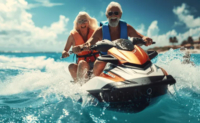 Senior Couple Riding a Jet Ski Through Open Sea Waves