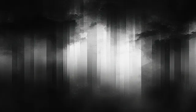 Black and white vertical stripe abstract background with smoky light bloom and grunge texture