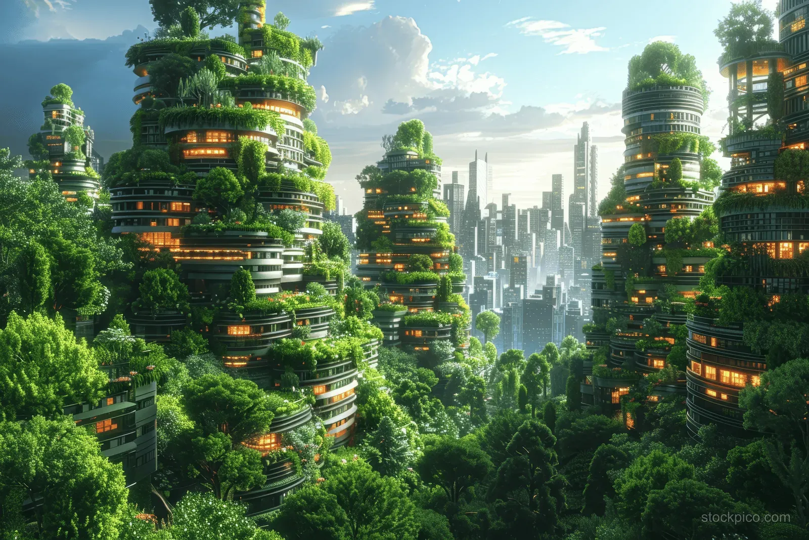 Futuristic eco city skyline with tiered buildings covered in vertical gardens and trees.
