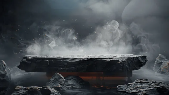 Dark granite podium with swirling smoke and misty water backdrop in minimal 3D studio