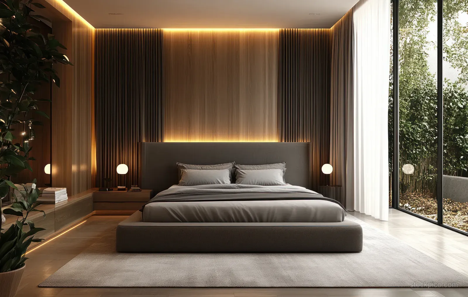 Minimalist gray bed centered against a warm wooden slat wall with curtains and sunlight from floor-to-ceiling windows.