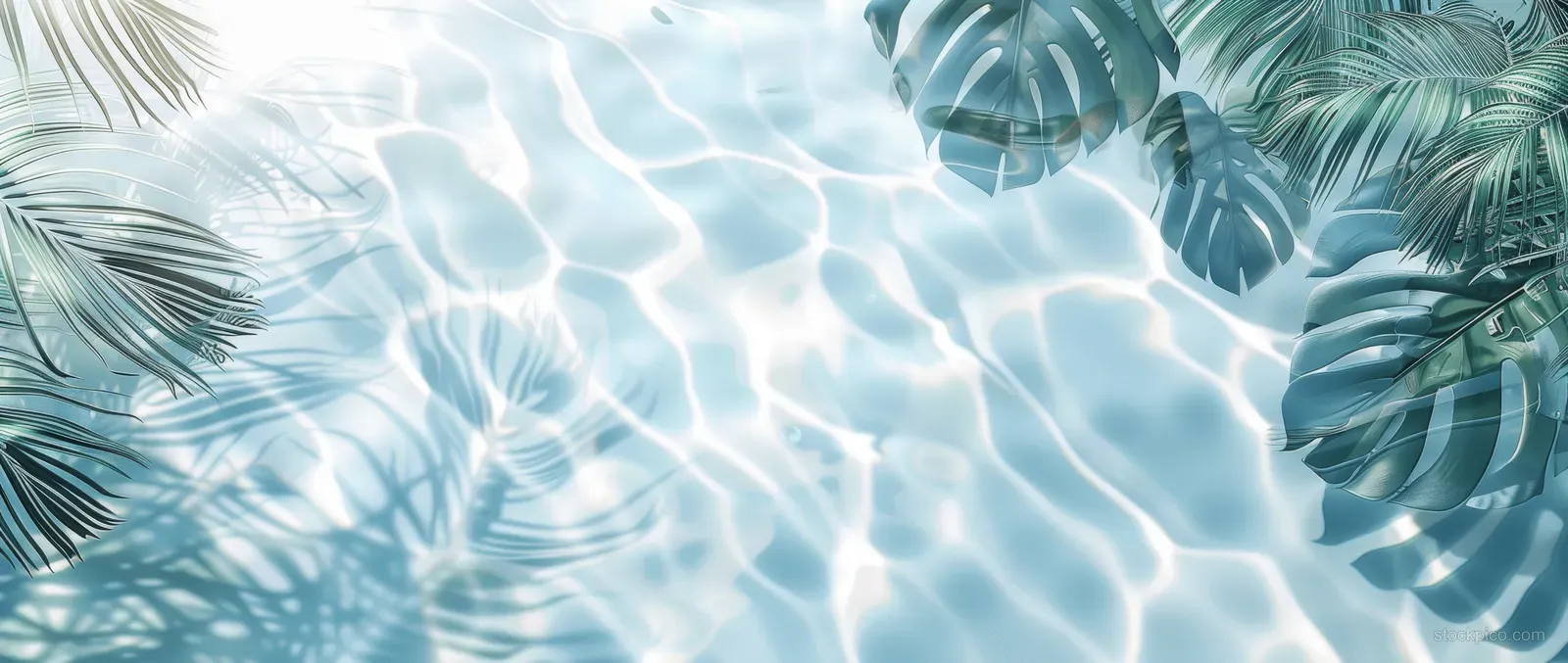 Palm leaf shadows fall over a light blue water surface with bright ripples.
