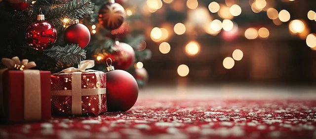 Red Christmas baubles and wrapped gift boxes rest on a patterned carpet with warm lights blurred behind.
