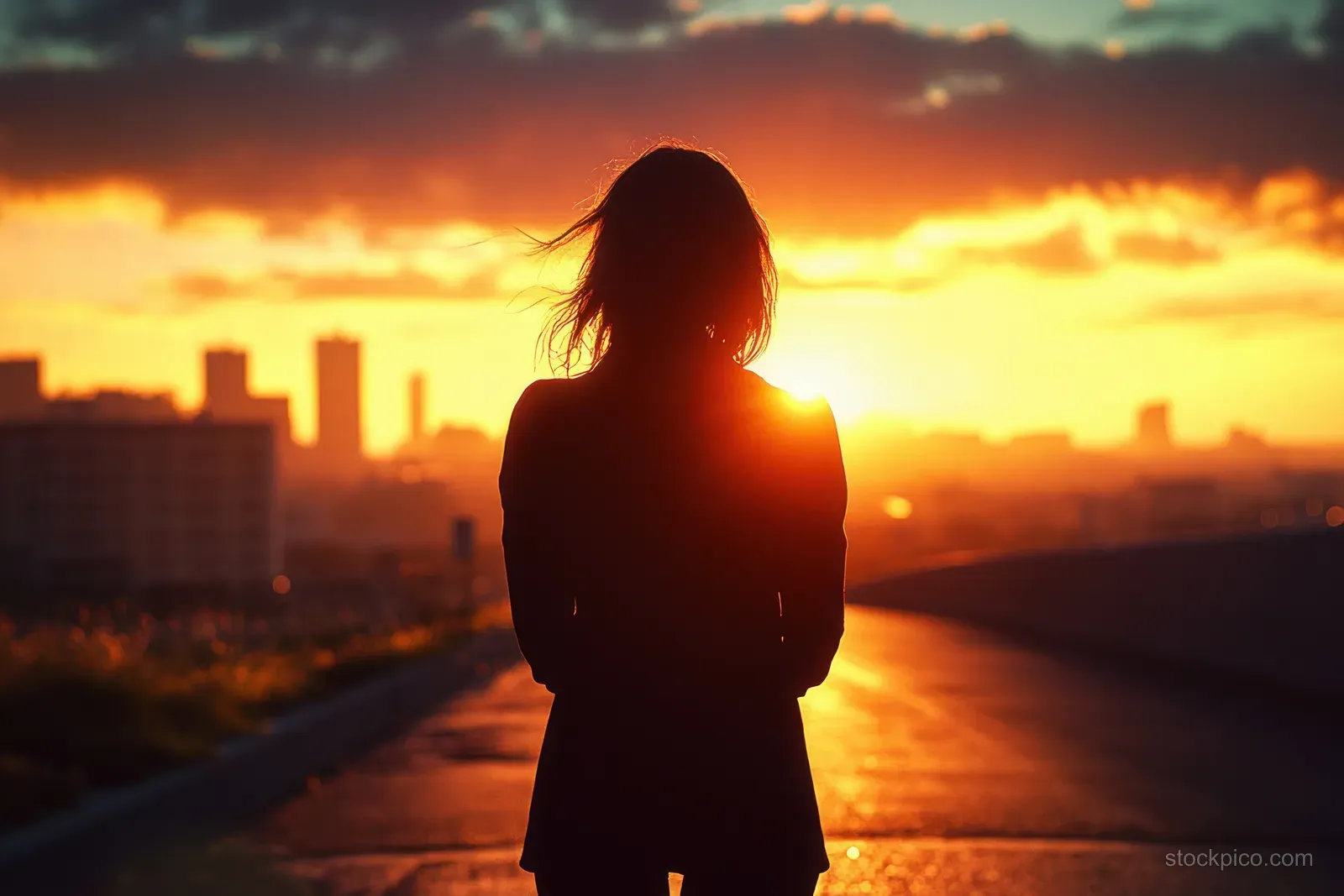Silhouette of a person standing on a path with a city skyline glowing at sunset.
