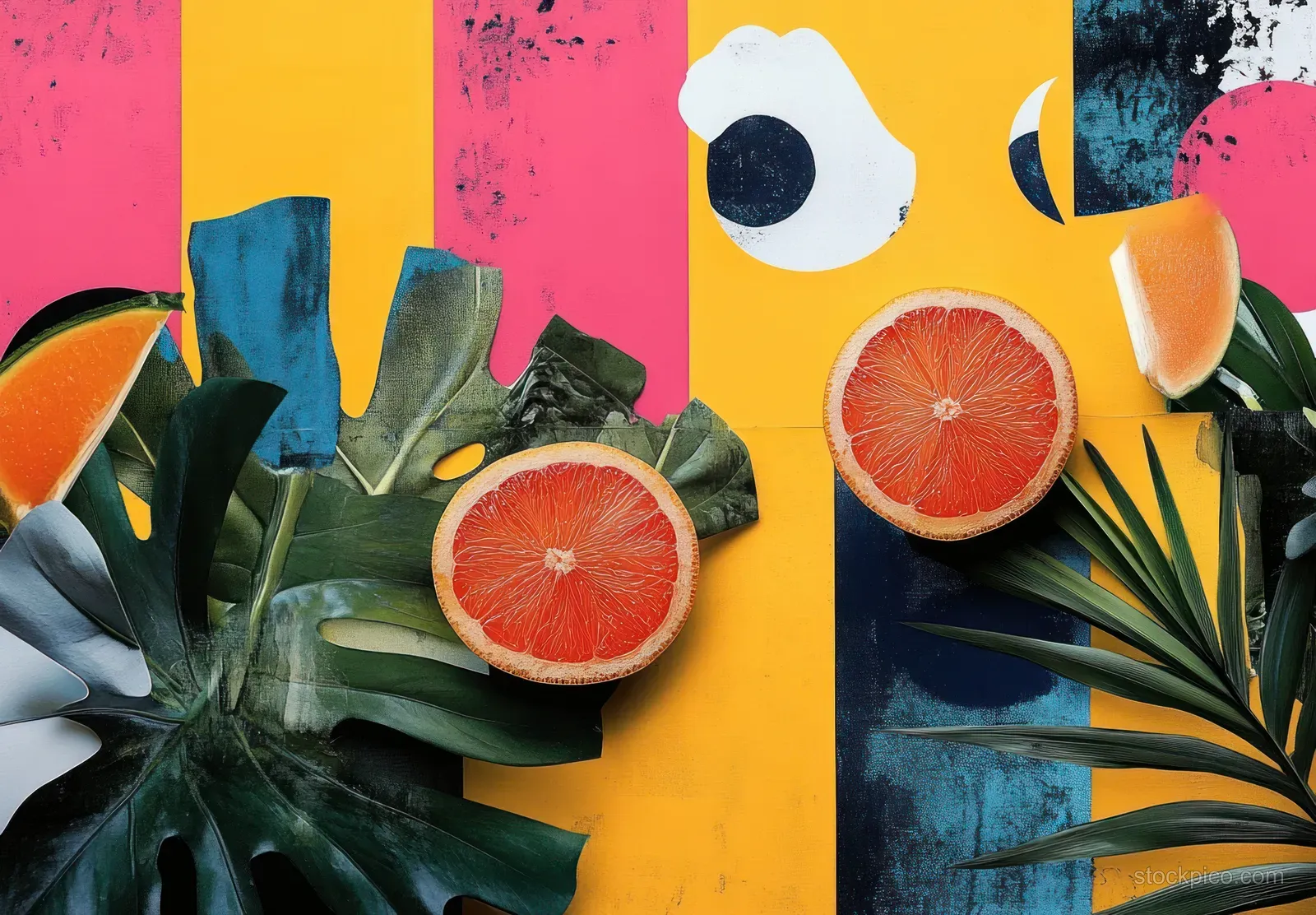 Grapefruit slices and palm leaves arranged over colorful geometric paper cutouts in a tropical collage.