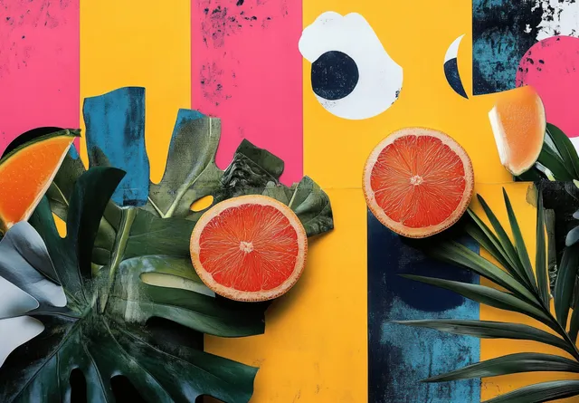 Grapefruit slices and palm leaves arranged over colorful geometric paper cutouts in a tropical collage.