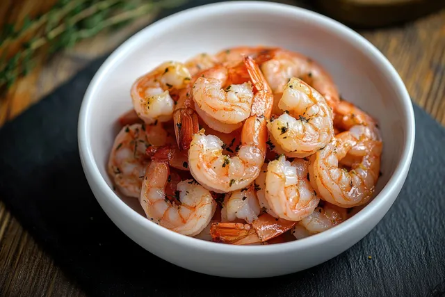 Herbed cooked shrimp in a white bowl on a dark slate surface.