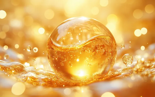 Transparent sphere with golden liquid and glossy bubbles floating in warm golden light.