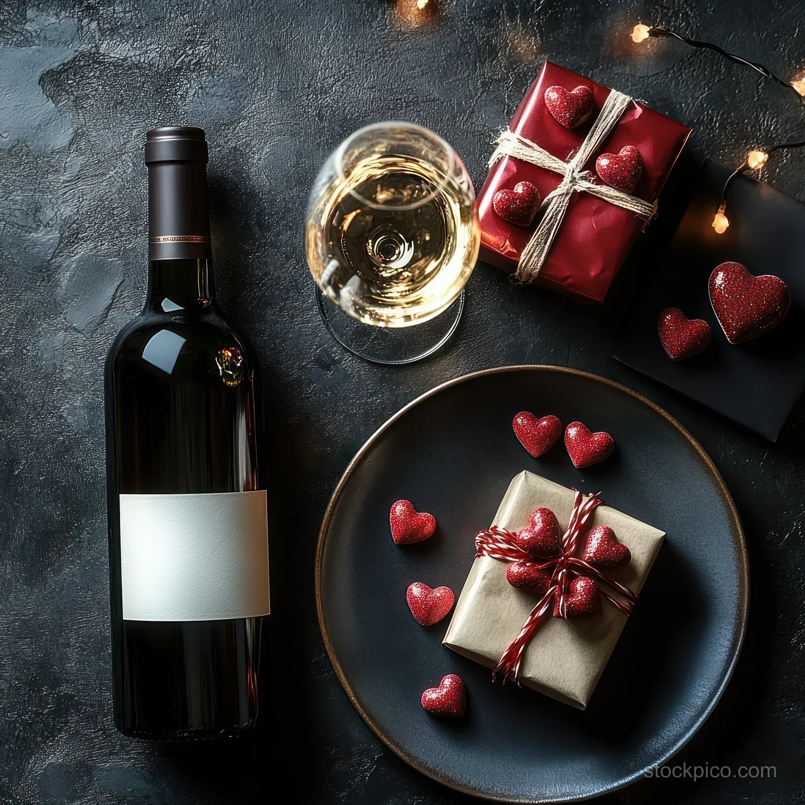 Wine bottle and white wine glass with wrapped gifts featuring red glitter heart decorations and warm fairy lights on a dark tabletop.