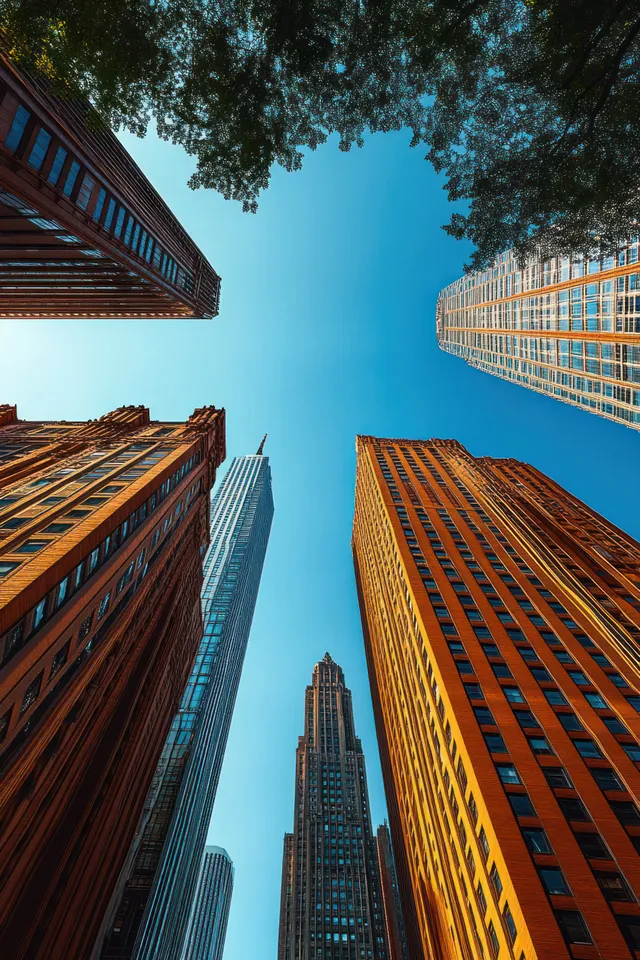 Low-angle view of tall downtown skyscrapers framed by tree branches against a clear blue sky.