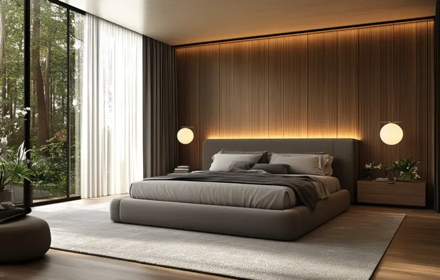Minimalist bedroom with gray bed linens, warm wooden panel wall, bedside lamps, and sheer window curtains.