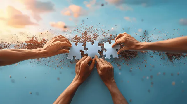 Several hands fit puzzle pieces together as small pieces scatter against a blue sky.