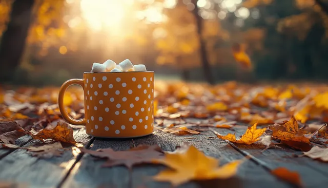 Polka dot hot cocoa mug with marshmallows on a wooden table covered in autumn leaves.