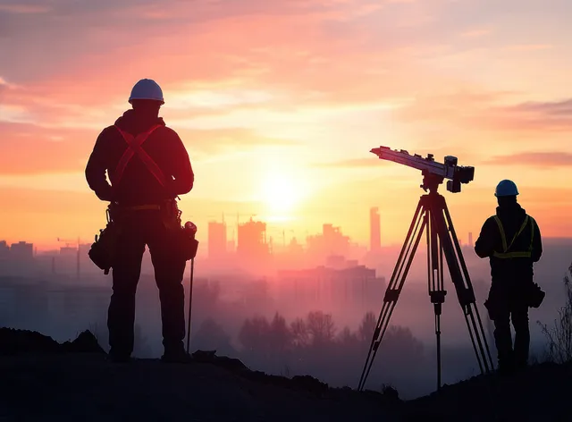 Silhouette of construction workers and land surveyor with tripod instruments at sunset site