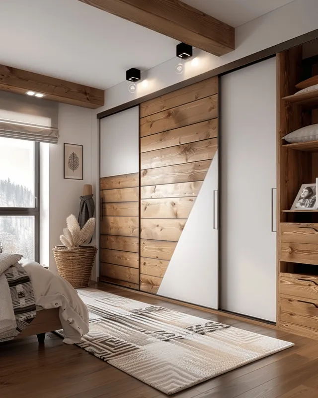 White and wood sliding wardrobe doors partially open in a cozy Scandinavian bedroom beside built-in shelves.