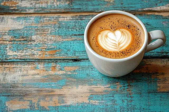 Cappuccino cup with heart latte art on rustic turquoise wood