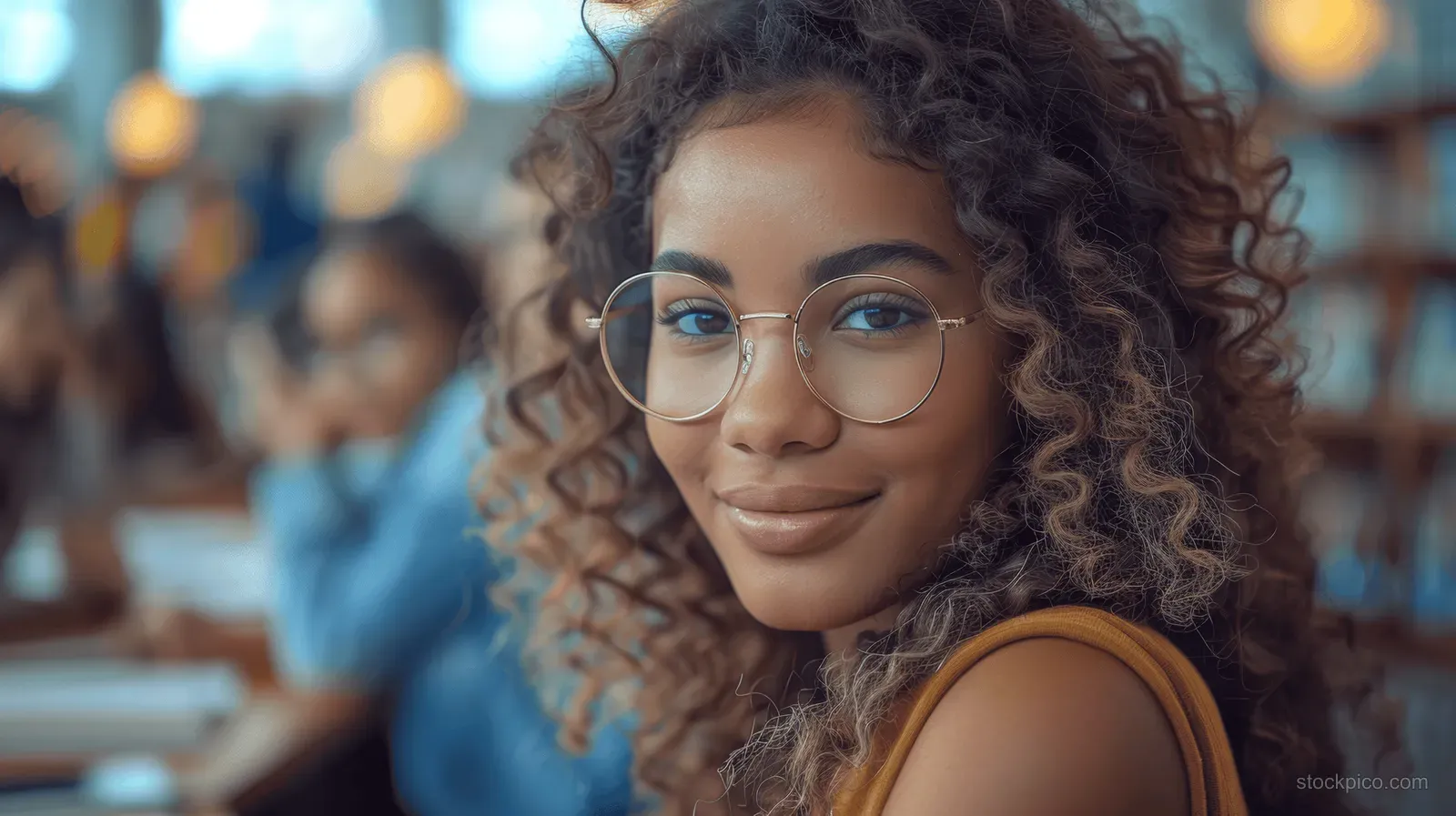 A smiling curly-haired student with glasses stands in a university library with blurred students behind her.
