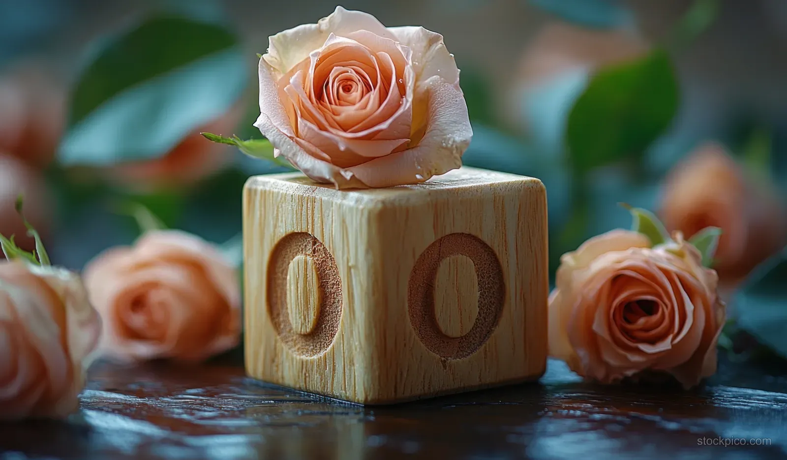 Wooden blocks with “In Love” and “Engaged” sit on a table next to pink roses and soft green foliage.