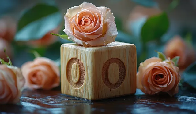 Wooden blocks with “In Love” and “Engaged” sit on a table next to pink roses and soft green foliage.