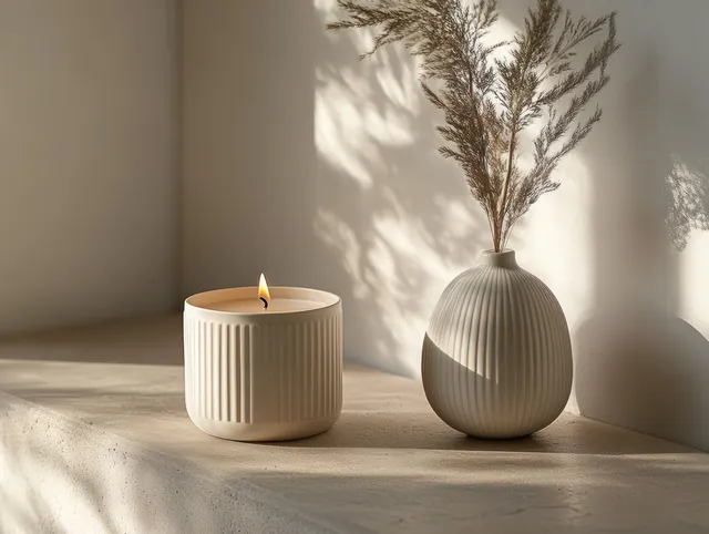 White ceramic candle jar mockup with blank label on a neutral surface beside a pale vase and dry stems.
