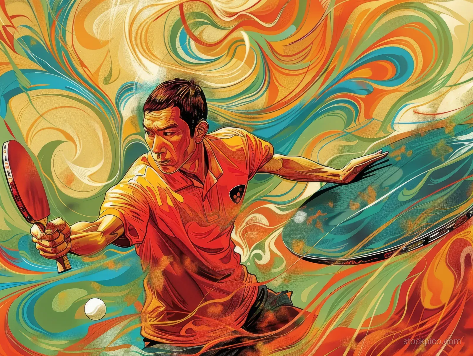 Table tennis athlete serving with a paddle while colorful swirling motion trails surround the ball and body.