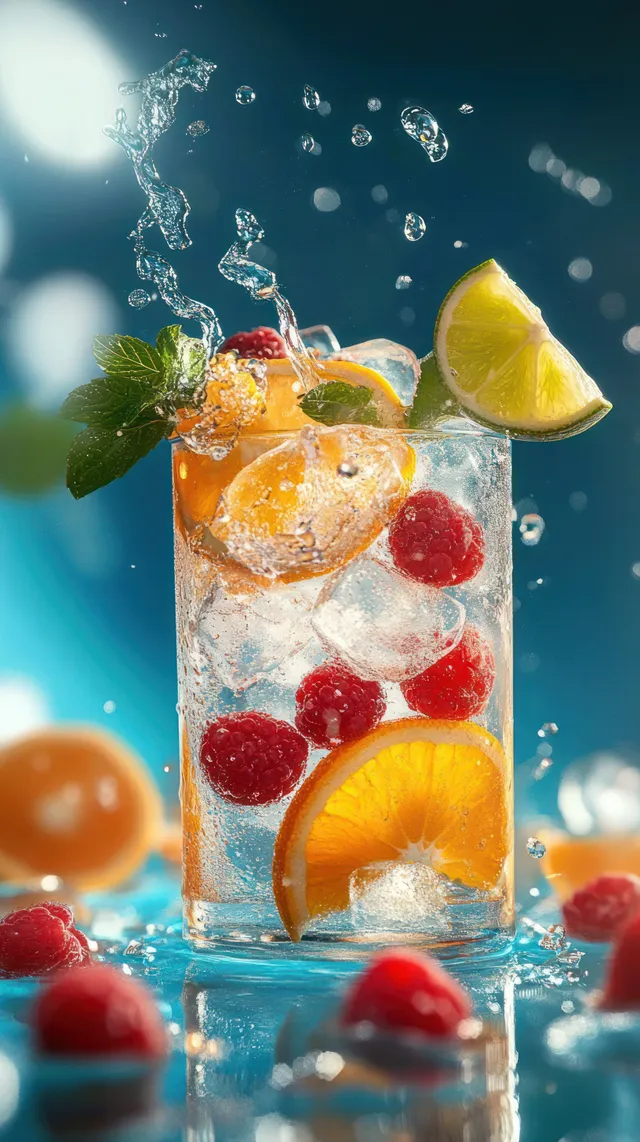 Sparkling water in an icy glass with raspberries, orange and lime slices, and mint leaves with splashes on a blue background.