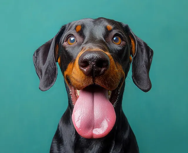Close-up of a happy black and brown dog sticking out its pink tongue against a teal background.