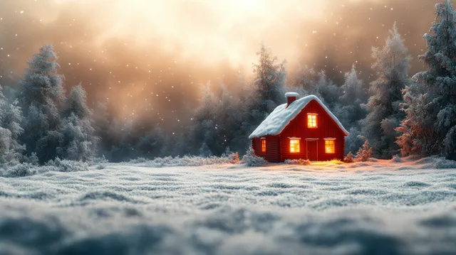Red cabin glowing at dusk with snow-covered roof and frosted pine trees, surreal winter
