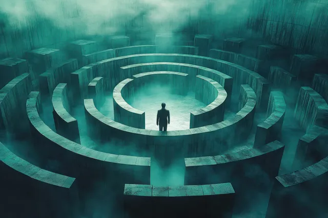 Silhouette figure stands at center of circular concrete labyrinth under thick teal fog