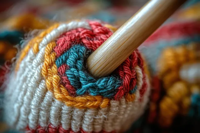 Close-up crochet stitch with wooden hook pulling colorful yarn loops