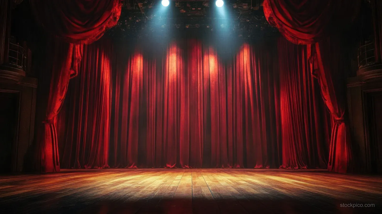 Red velvet theater curtains frame an empty stage as spotlights illuminate the wooden floor.