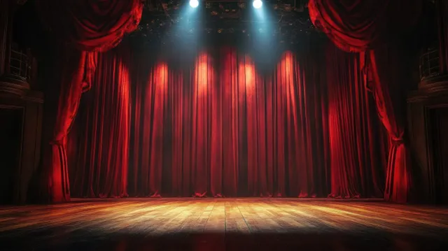 Red velvet theater curtains frame an empty stage as spotlights illuminate the wooden floor.